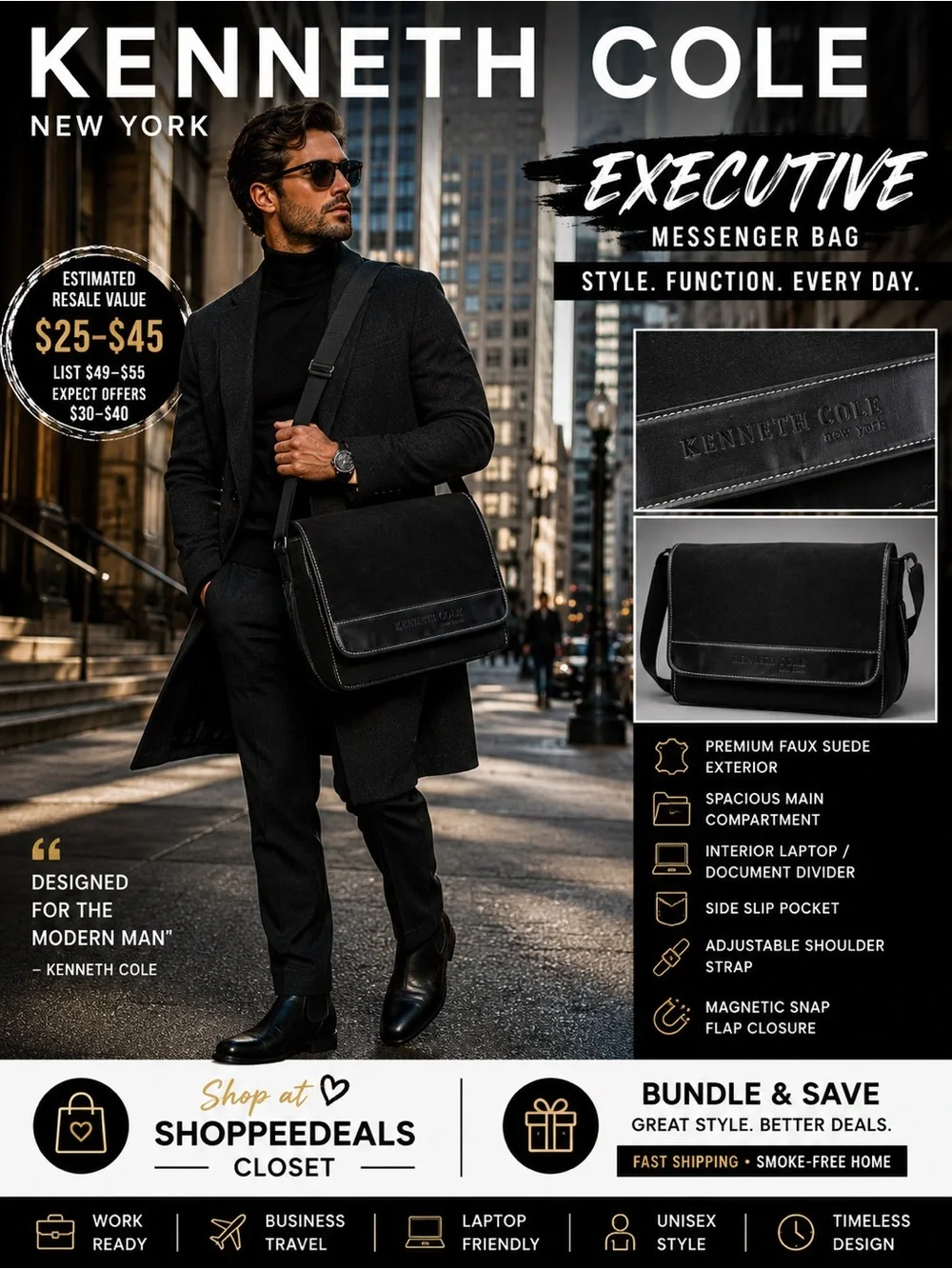 Kenneth Cole New York Black Faux Suede Messenger Laptop Bag